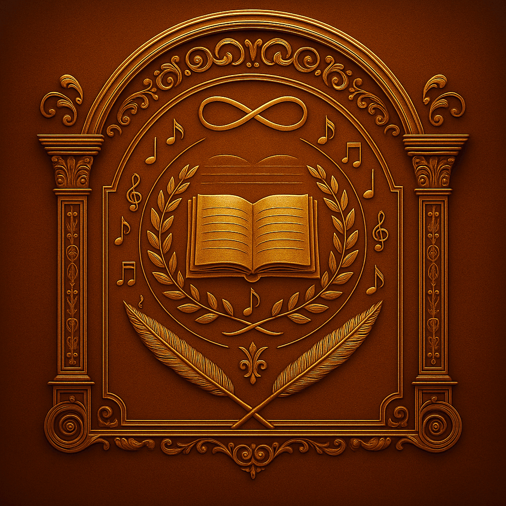 Golden embossed emblem with an open book bearing a musical stave, infinity symbol, laurel wreath, crossed quills, and unique musical notes in a regal frame – insignia for the Initiates’ Quarters in A Musical Adventure.
